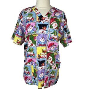Cherokee Christmas Snowmen Scrub Top Shirt Womens Medium White Blue Vneck